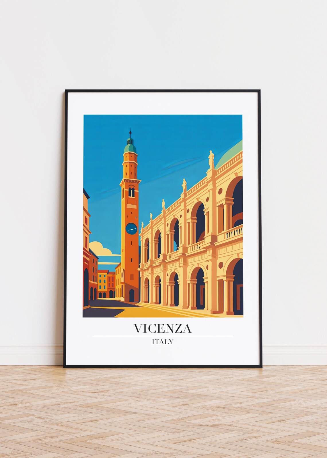 Vicenza Italy Basilica Clock Tower Modern Travel Poster Italian Plaza