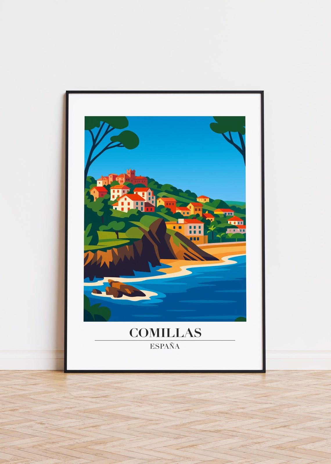 Comillas Spain Coastal Cliffs Sandy Beach Vintage Travel Poster