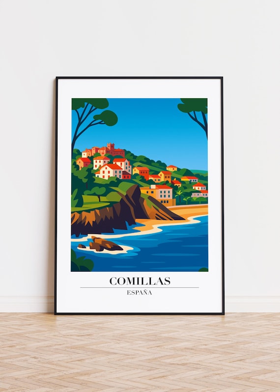 Comillas Spain Coastal Cliffs Sandy Beach Vintage Travel Poster