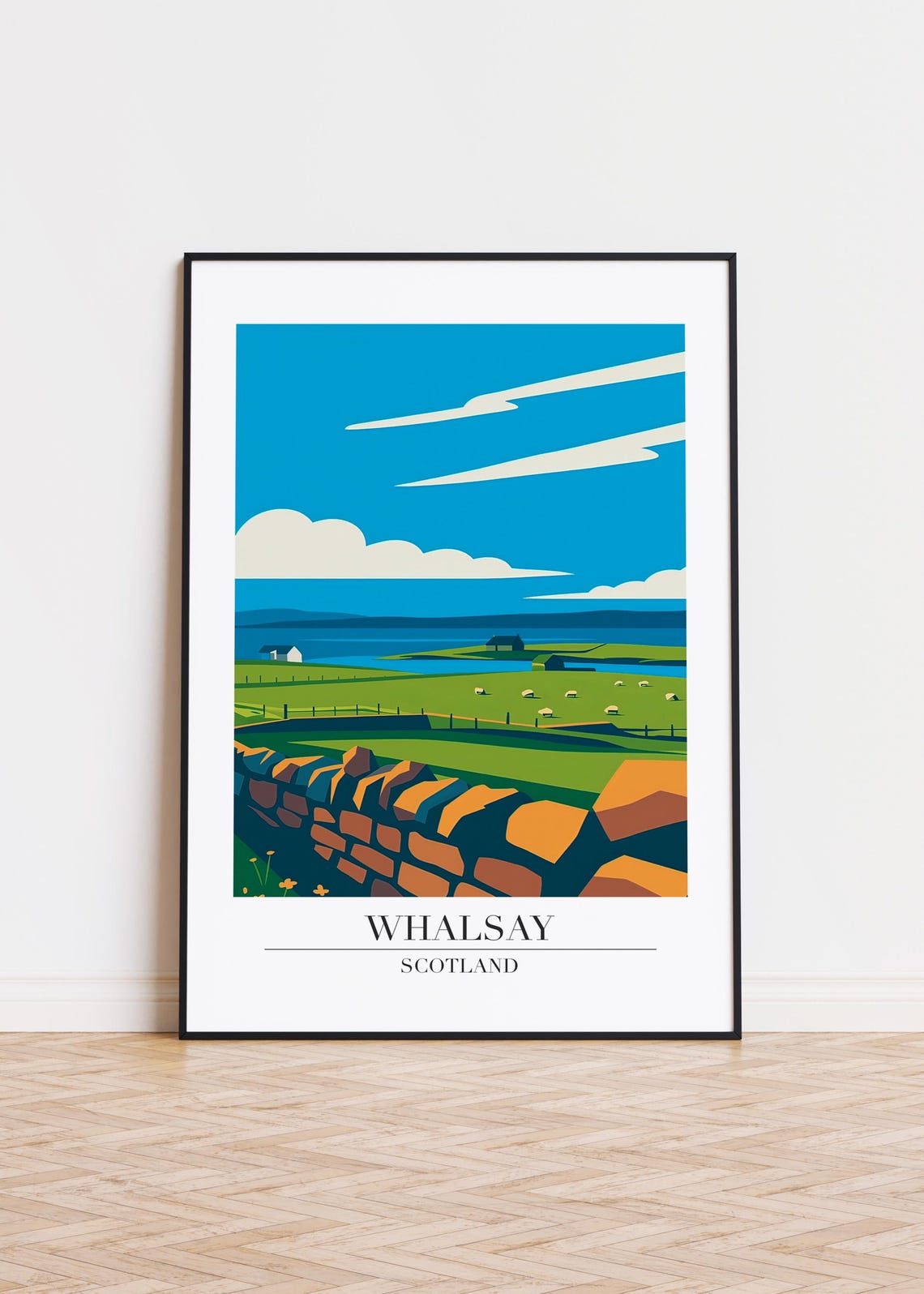 Whalsay Scotland Stone Wall Green Fields Sheep Coast Travel Poster