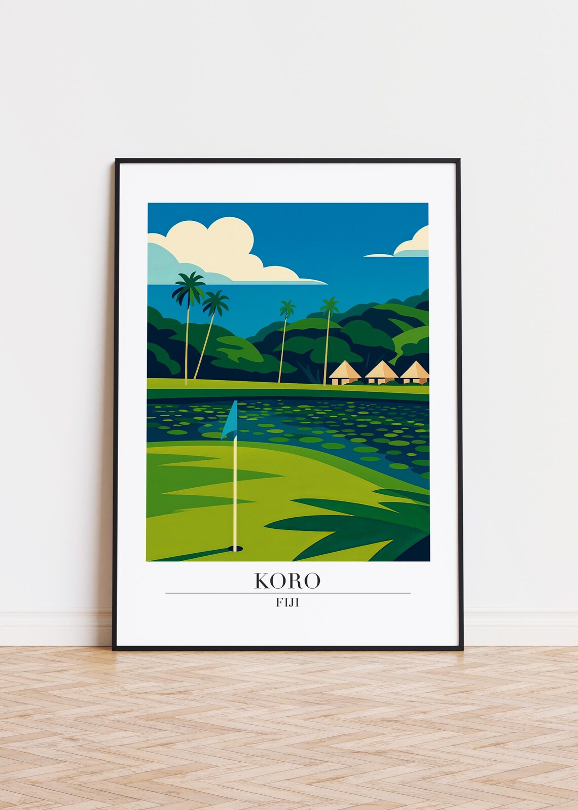 Koro Fiji Golf Course Tropical Palm Lagoon Vintage Travel Poster