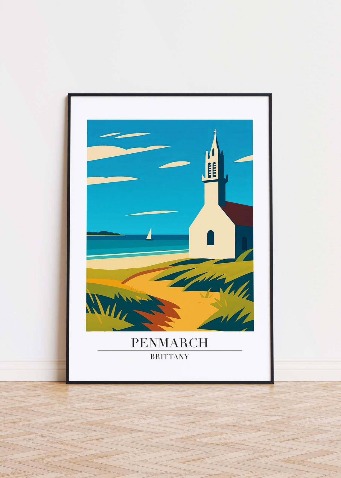 Penmarch Brittany France Seaside Chapel Sailboat Beach Travel Poster