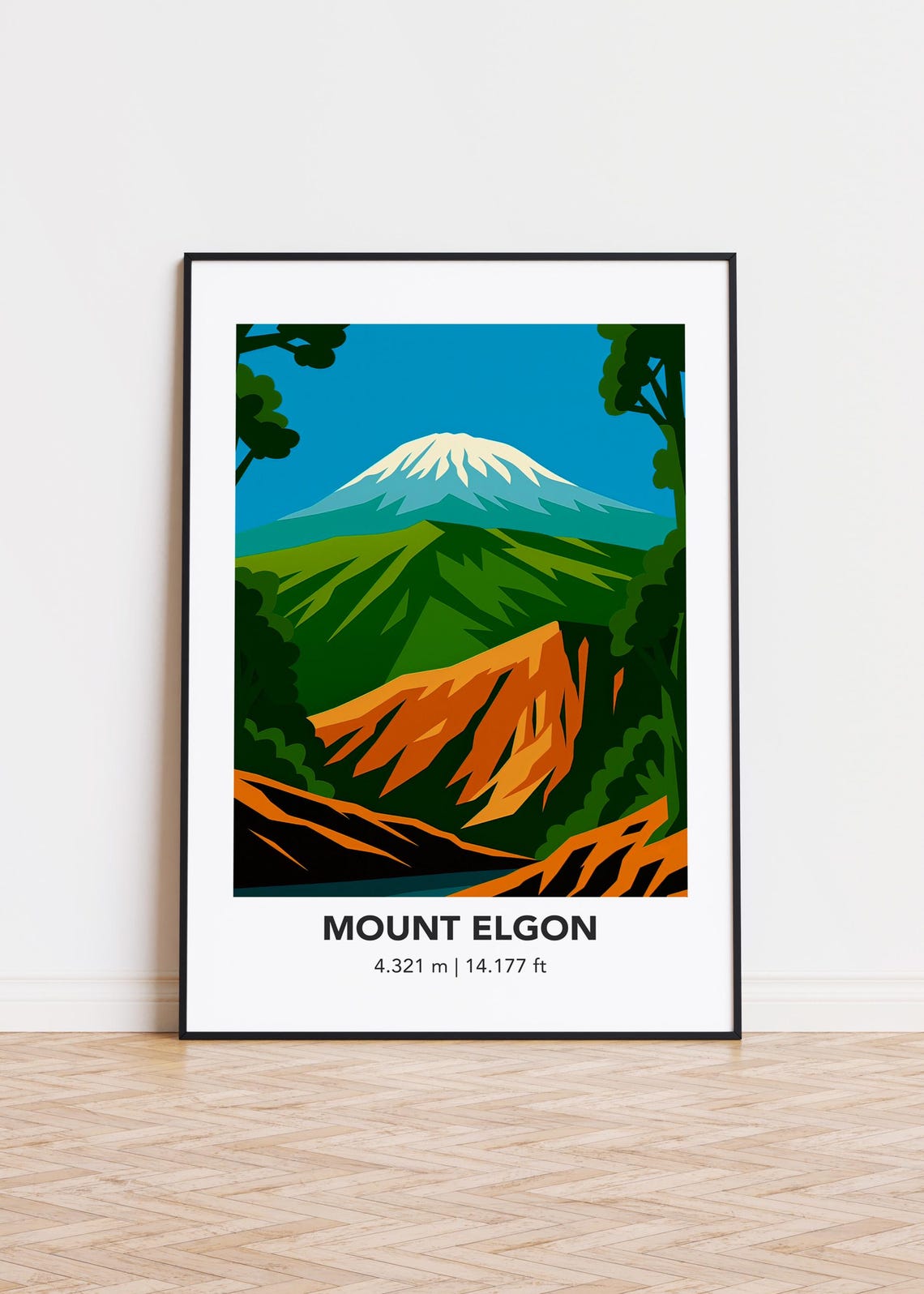 Mount Elgon Snowy Summit Green Hills Illustration Travel Poster