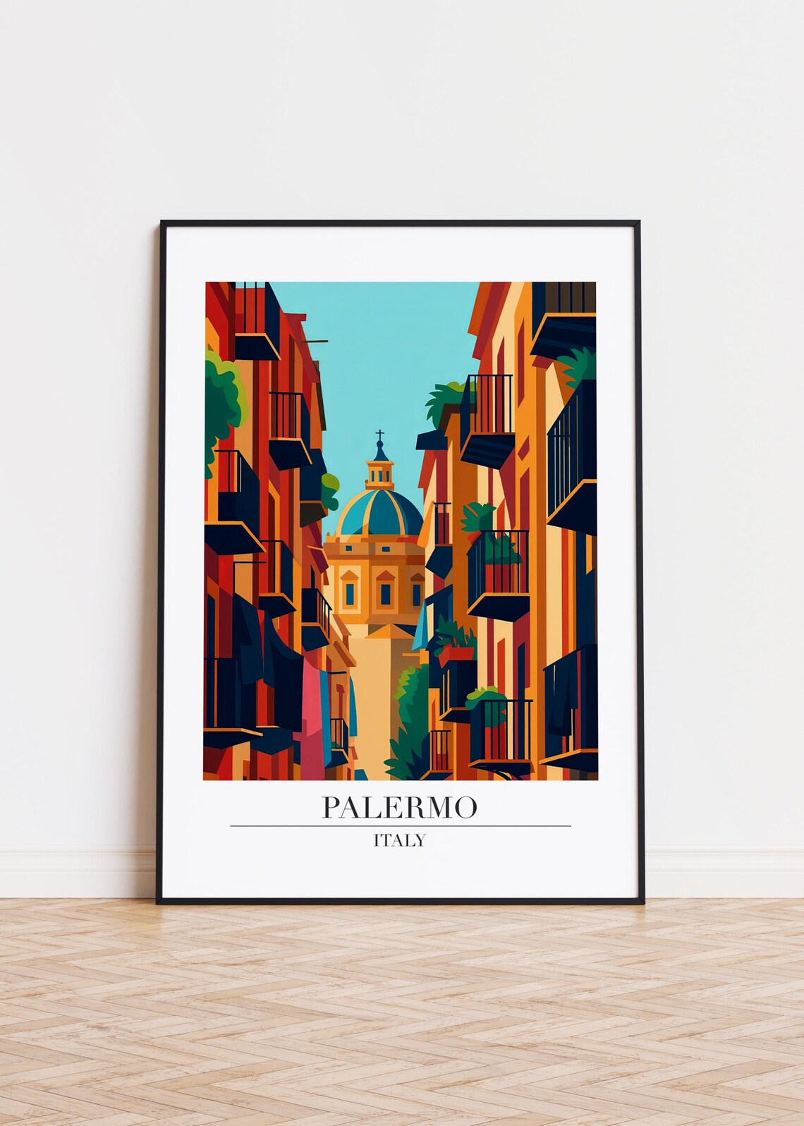 Palermo Italy Street Canyon Dome Vintage Travel Illustration Poster