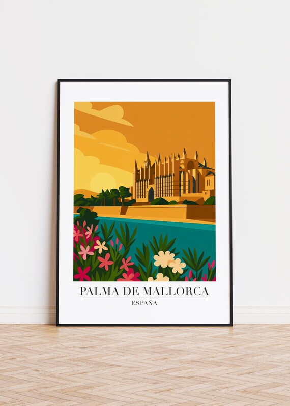 Palma de Mallorca Spain Poster Cathedral Sunset and Bright Flowers