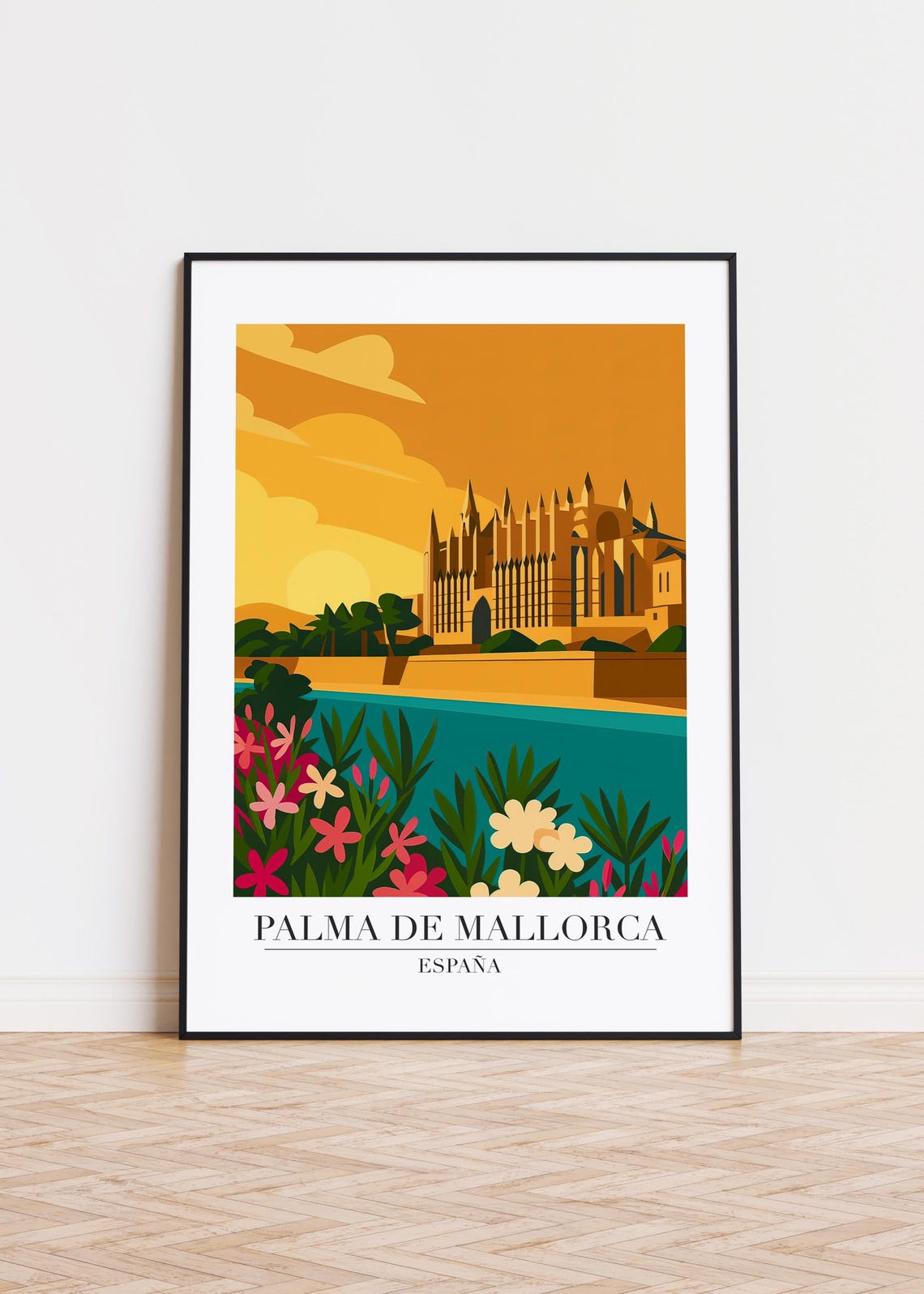 Palma de Mallorca Spain Poster Cathedral Sunset and Bright Flowers
