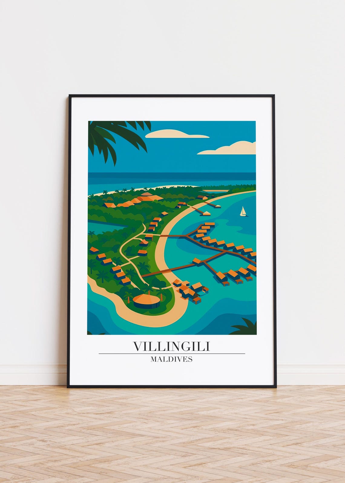 Villingili Maldives Aerial Beach View Overwater Villa Travel Poster