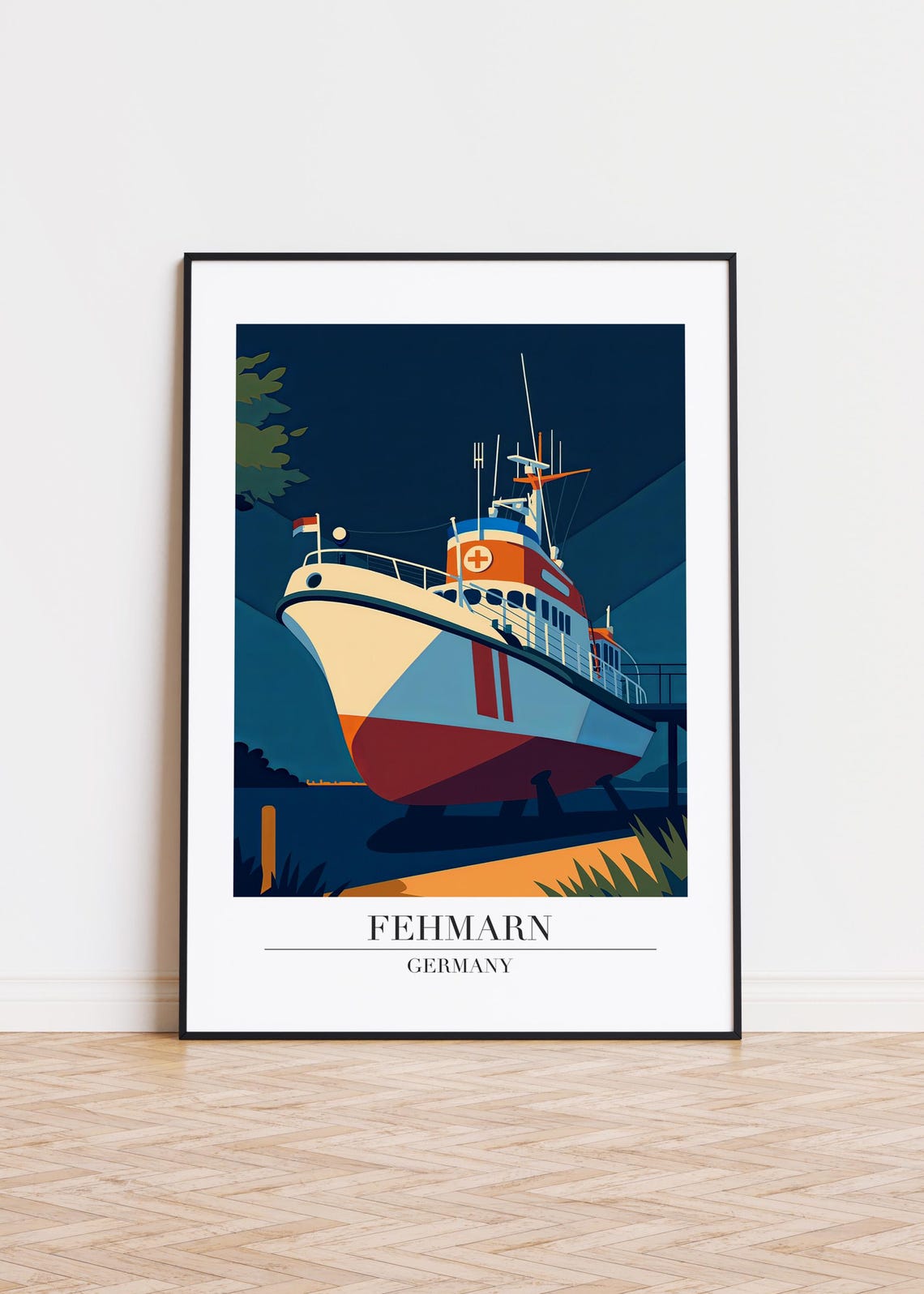 Fehmarn Germany Rescue Ship Night Harbor Retro Travel Poster