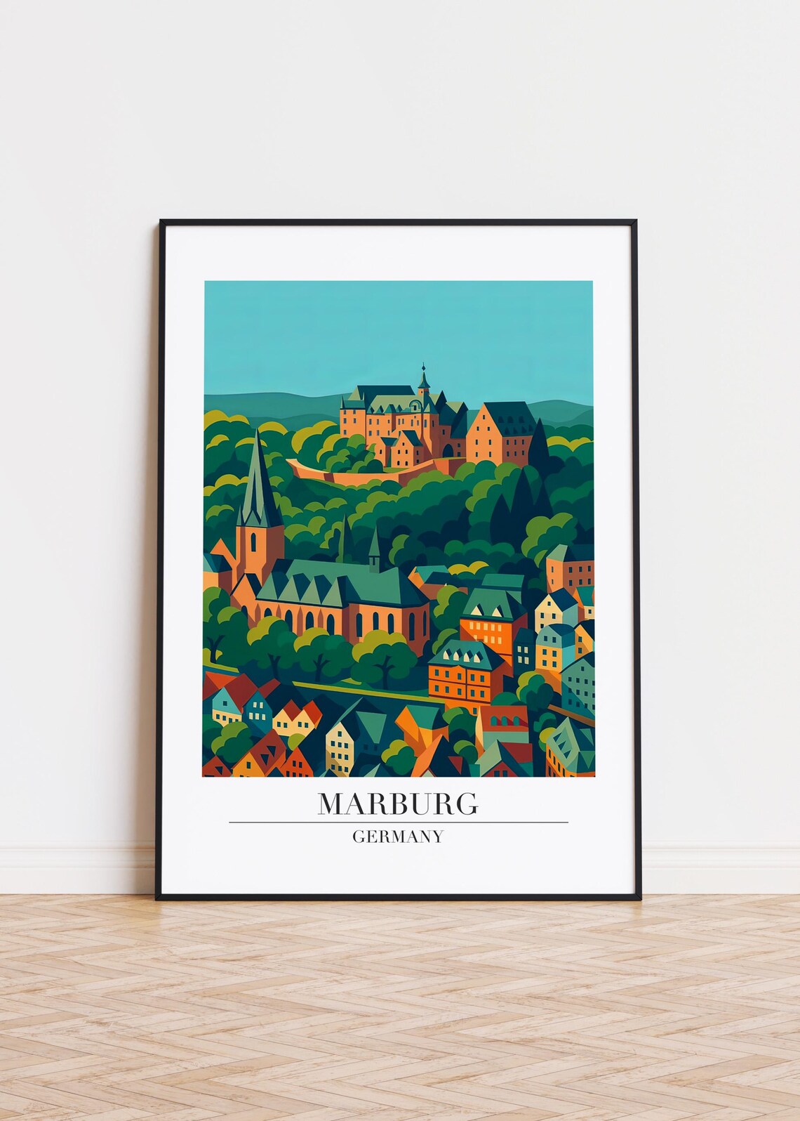 Marburg Germany Hilltop Castle Green Old Town Retro Travel Art Poster