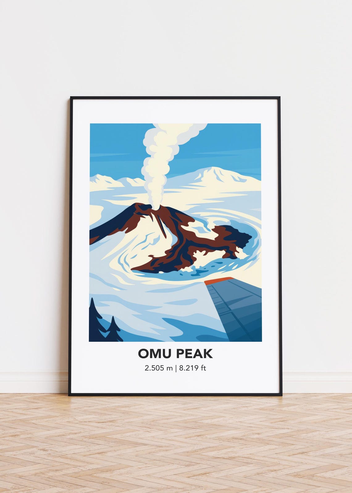 Omu Peak Volcano Snow Minimalist Vintage Mountain Travel Poster