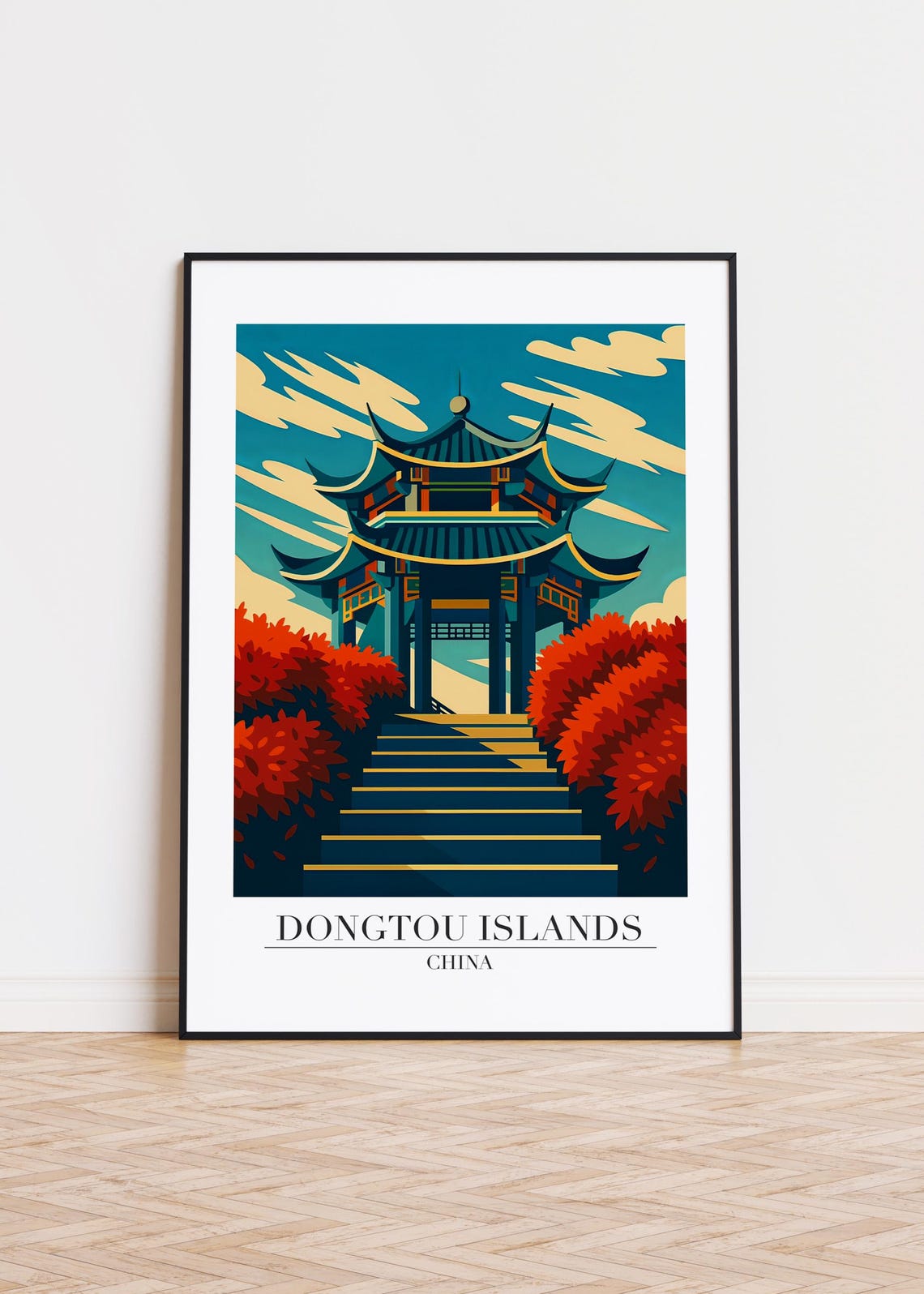 Dongtou Islands China Pagoda Pavilion Steps Autumn Illustration Poster