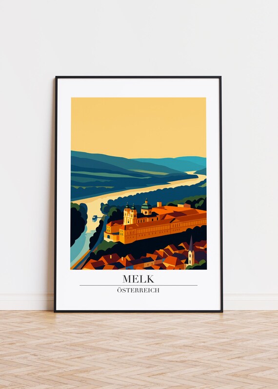 Melk Austria Danube Abbey Riverside Modern Illustration Poster