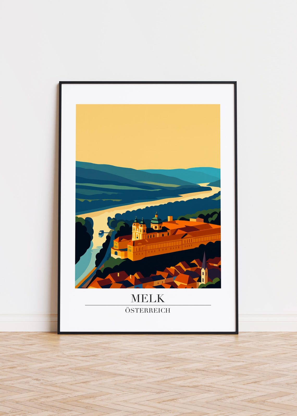 Melk Austria Danube Abbey Riverside Modern Illustration Poster