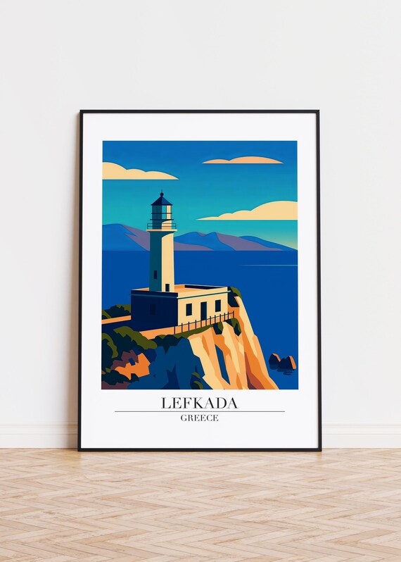 Lefkada Greece Lighthouse Cliffs Retro Travel Souvenir Poster