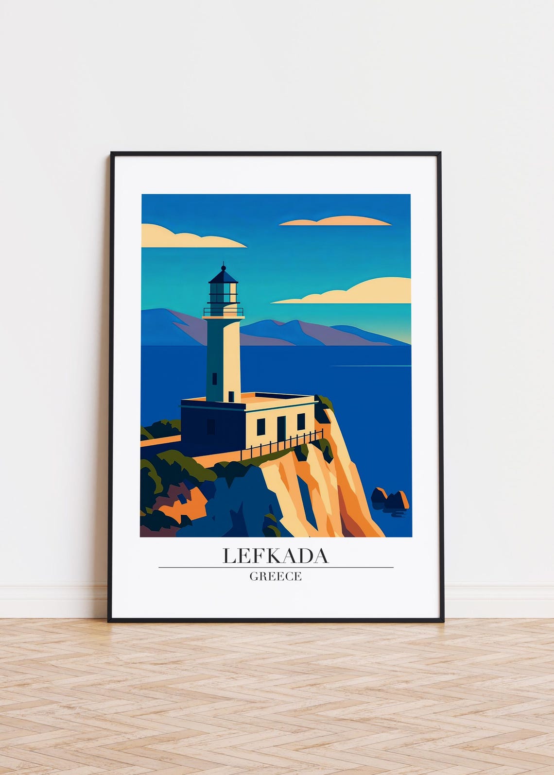 Lefkada Greece Lighthouse Cliffs Retro Travel Souvenir Poster