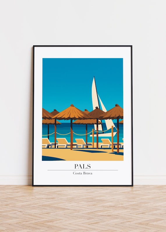 Pals Costa Brava Thatched Umbrellas Sailboat Beach Travel Poster