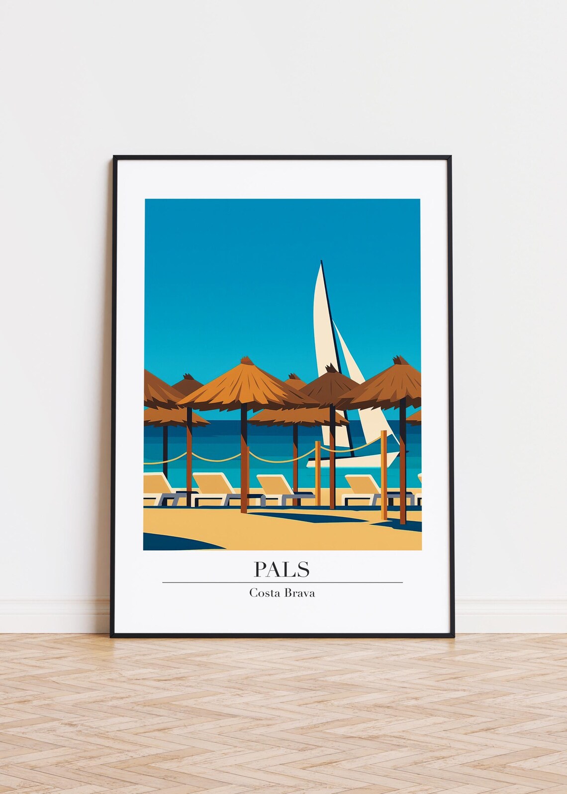 Pals Costa Brava Thatched Umbrellas Sailboat Beach Travel Poster