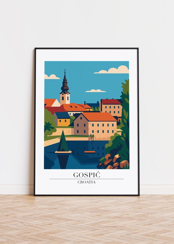 Gospić Croatia Riverside Church Tower Old Town Travel Poster