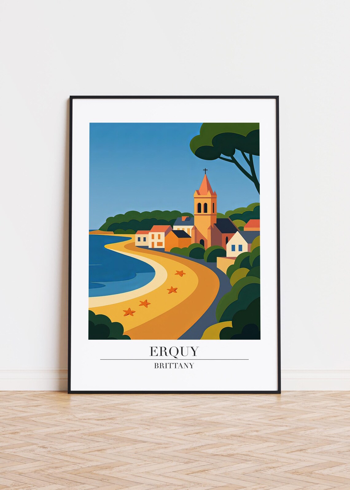 Erquy Brittany France Coastal Village Beach Retro Travel Poster