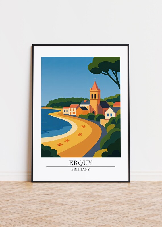 Erquy Brittany France Coastal Village Beach Retro Travel Poster