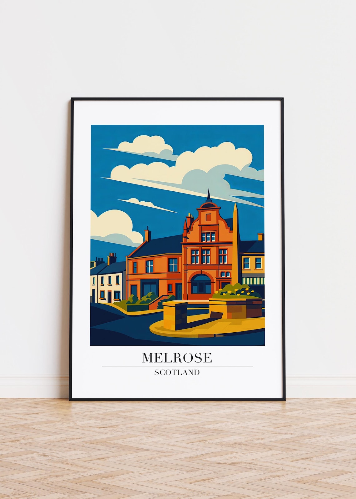 Melrose Scotland Travel Poster Red Sandstone Town Square Decor