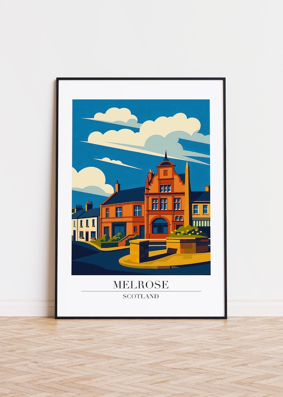 Melrose Scotland Travel Poster Red Sandstone Town Square Decor