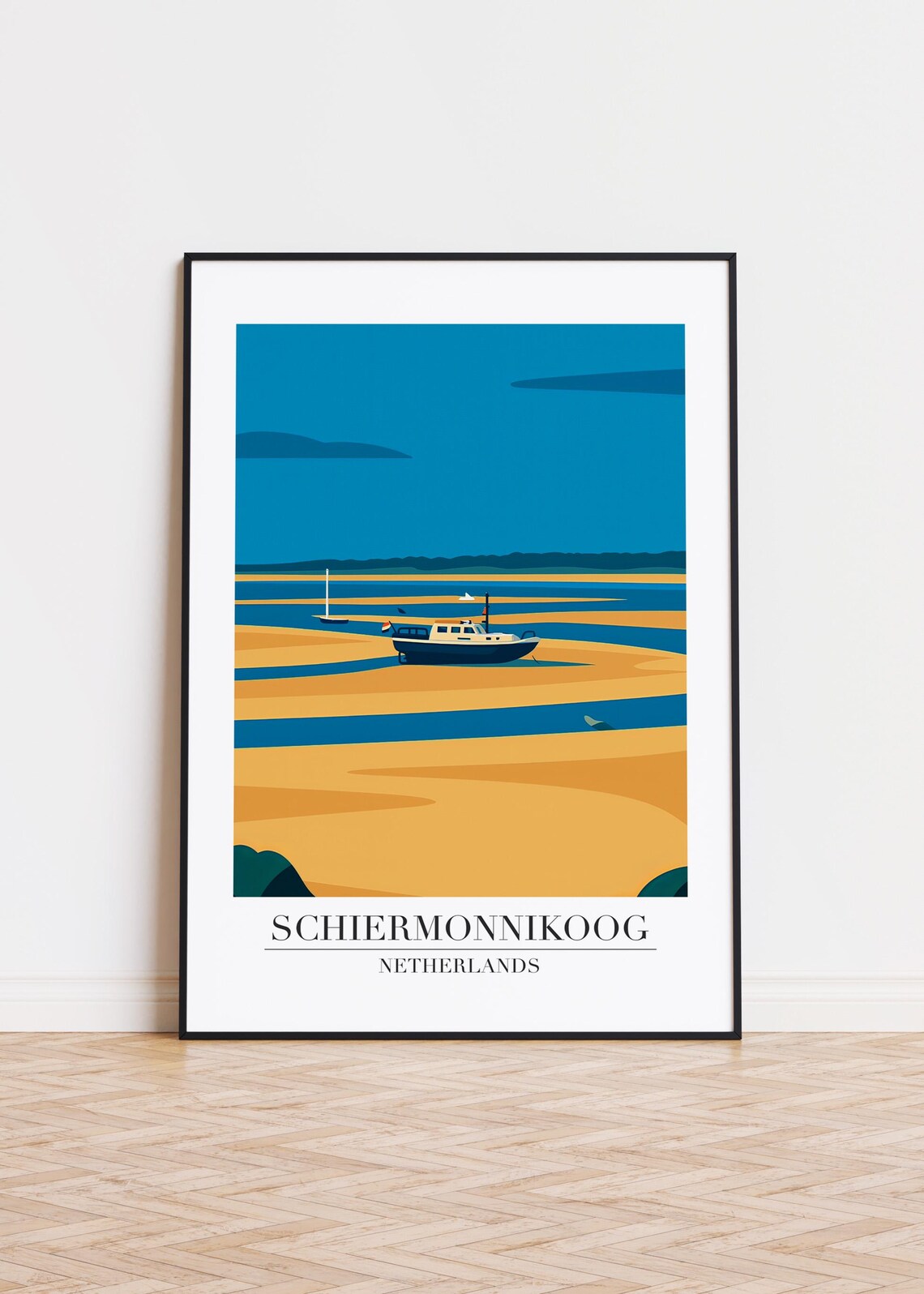 Schiermonnikoog Netherlands Boat Golden Tidal Flats Travel Poster