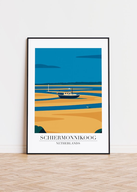 Schiermonnikoog Netherlands Boat Golden Tidal Flats Travel Poster