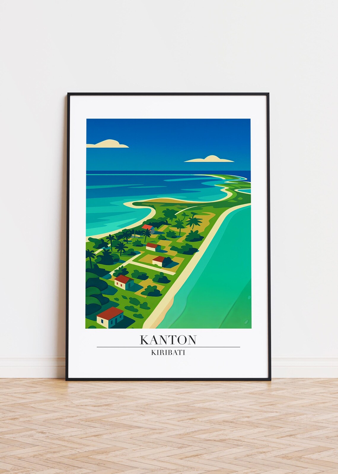 Kanton Kiribati Atoll Aerial View Lagoon Illustrated Travel Poster