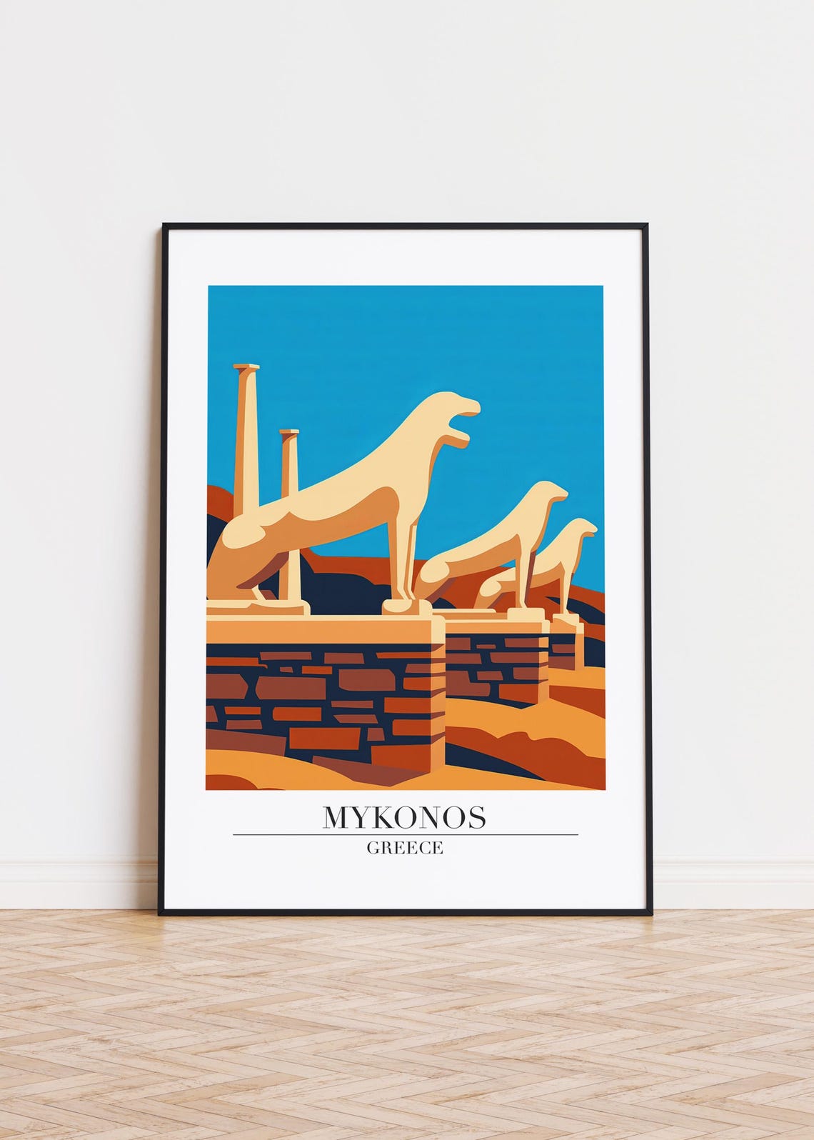 Mykonos Greece Ancient Lion Statues Marble Ruins Travel Poster
