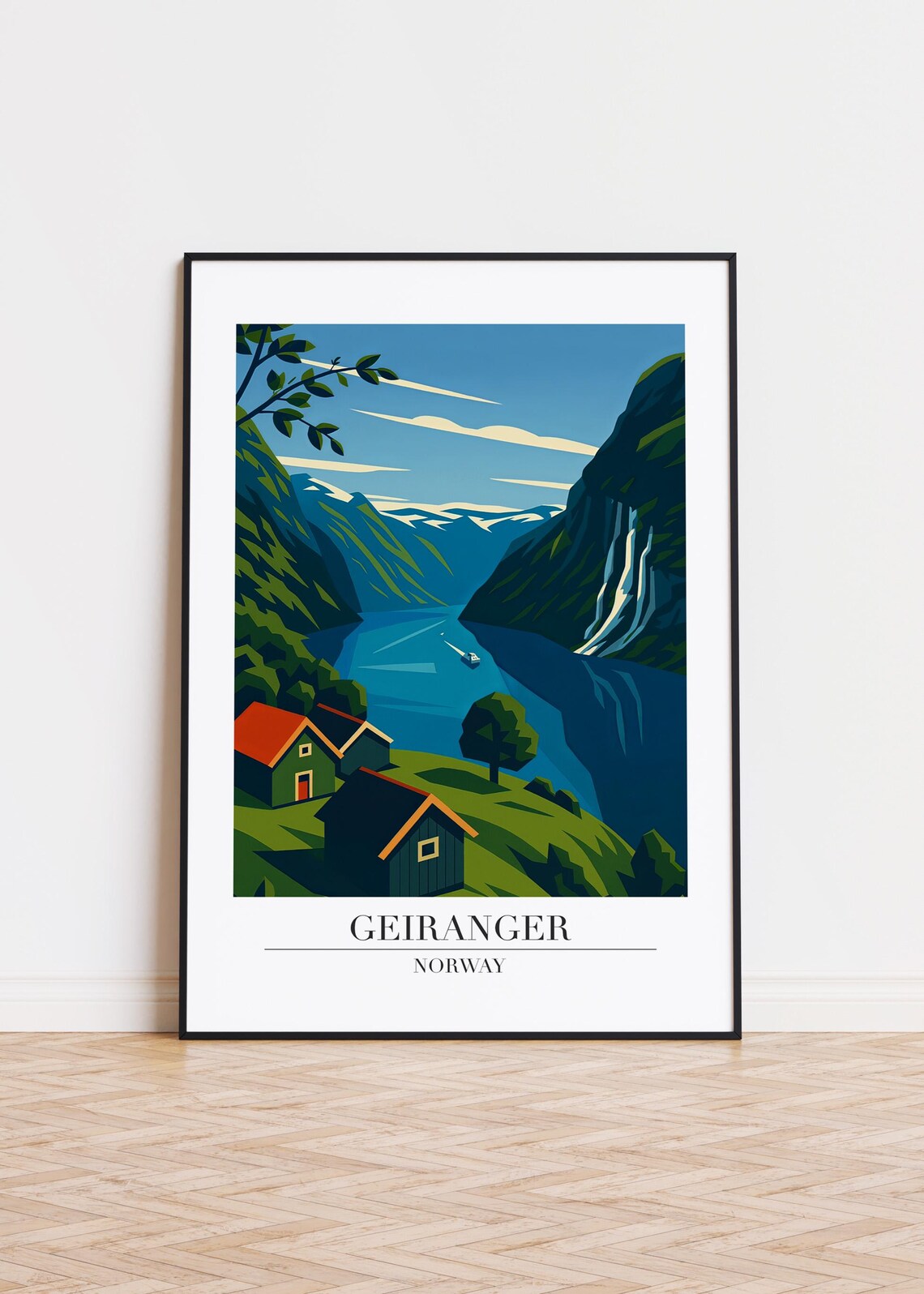Geiranger Norway Fjord Cabins Beside Waterfall Travel Poster