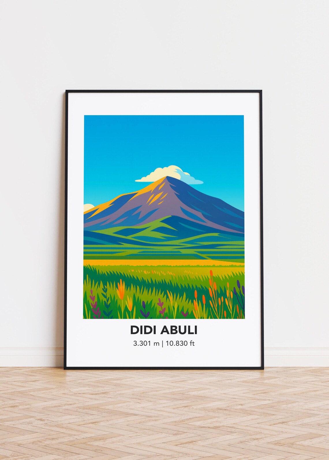 Didi Abuli Volcano Retro Travel Illustration Green Meadow Wildflowers Poster