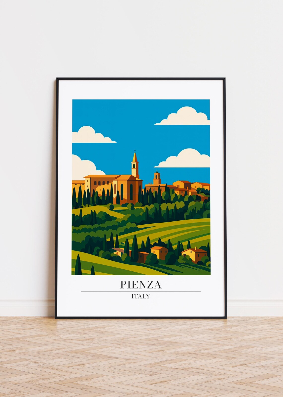 Pienza Italy Travel Poster Tuscan Hilltop Town Cypress Hills Artwork