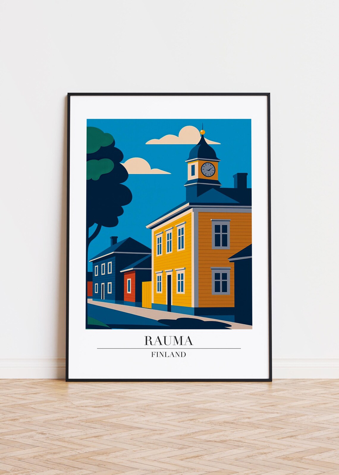 Rauma Finland Wooden Houses Clock Tower Street Travel Poster Art