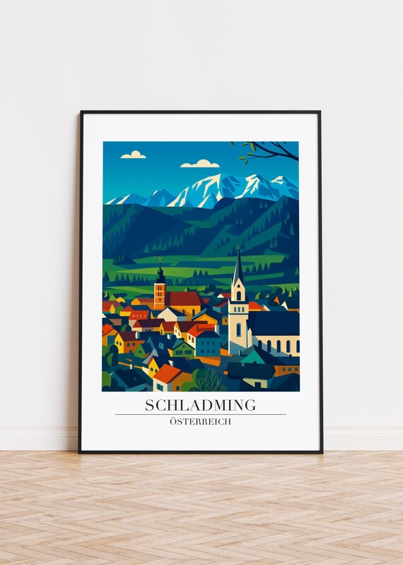 Schladming Austria Travel Poster Alpine Town Illustration Wall Decor Home Gift