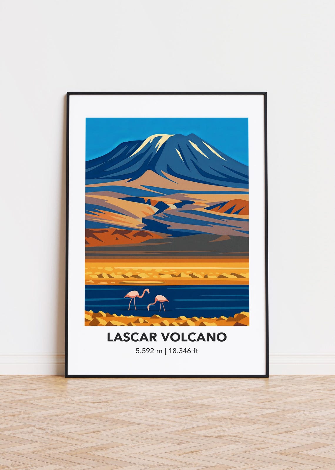 Lascar Volcano Travel Illustration Flamingos Salt Flat Poster 5592M