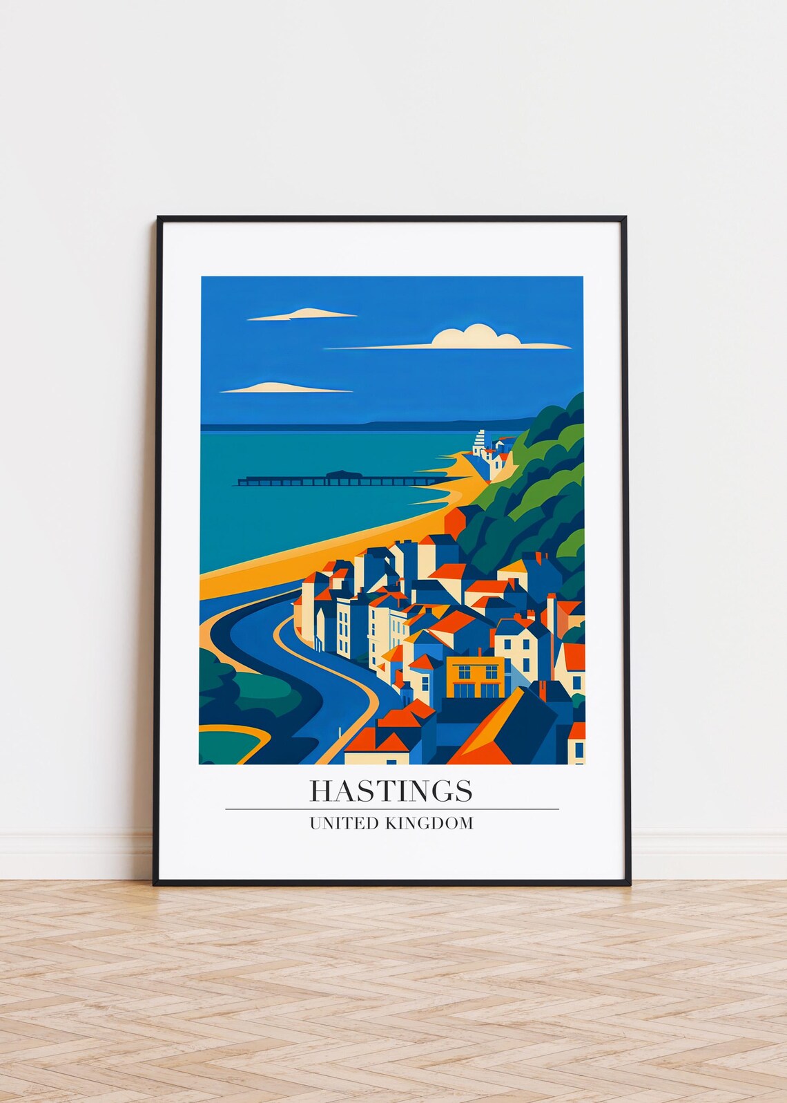 Hastings United Kingdom Coastal Town Retro Travel Illustration Poster