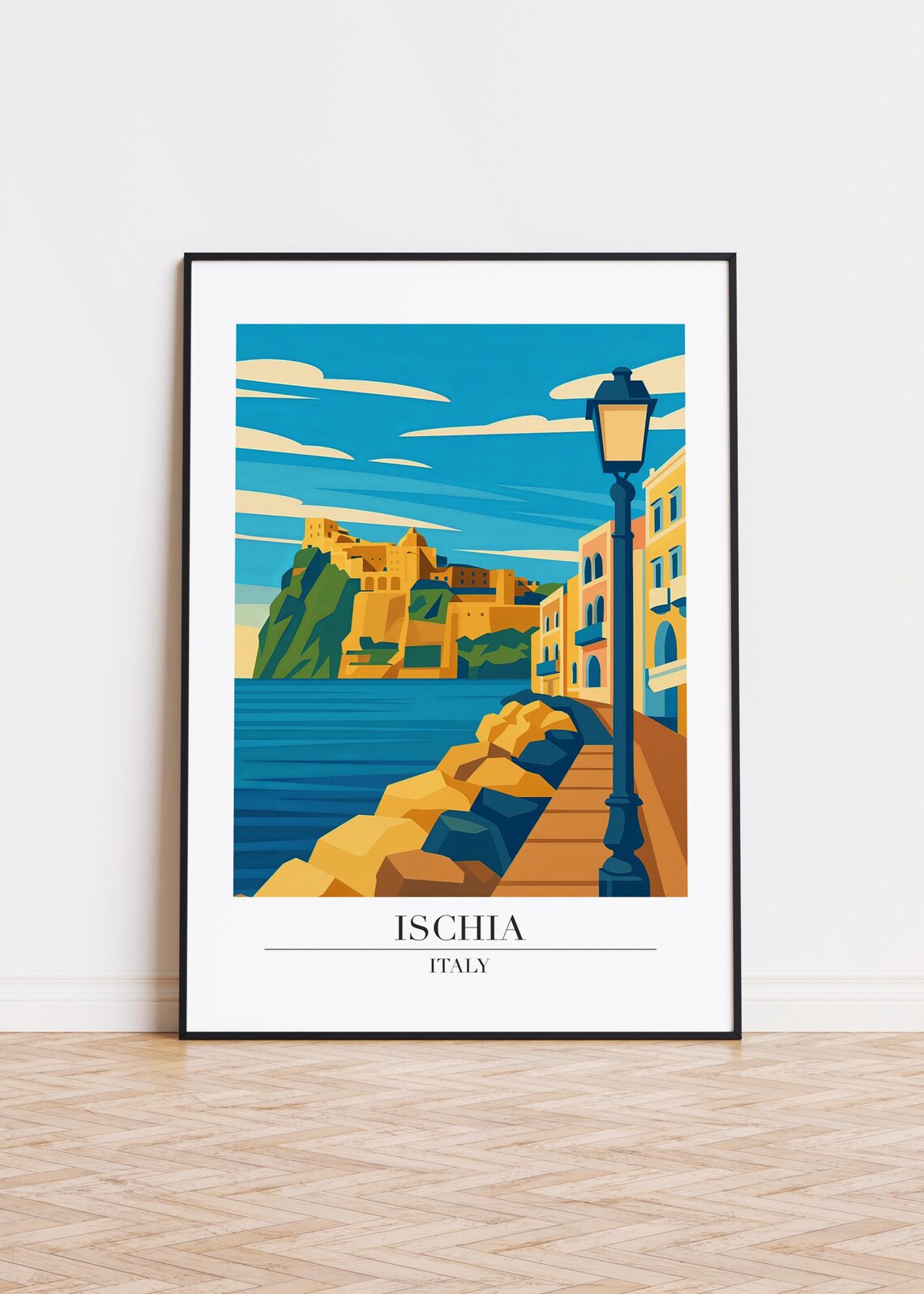 Ischia Italy Retro Coast Castle Rock Vintage Travel Art Poster
