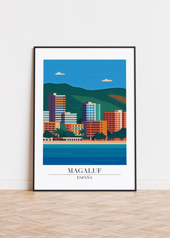 Magaluf Spain Skyline Mountains Coastal City Vintage Travel Poster