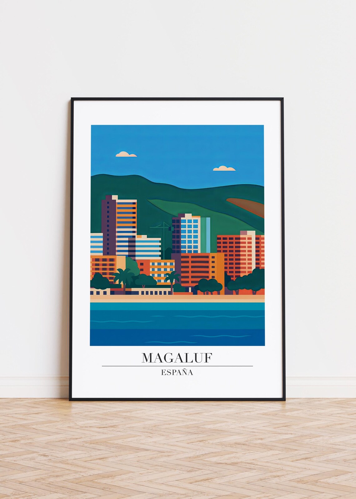 Magaluf Spain Skyline Mountains Coastal City Vintage Travel Poster