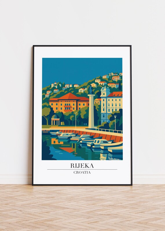 Rijeka Croatia Marina Boats Waterfront Hills Travel Art Poster