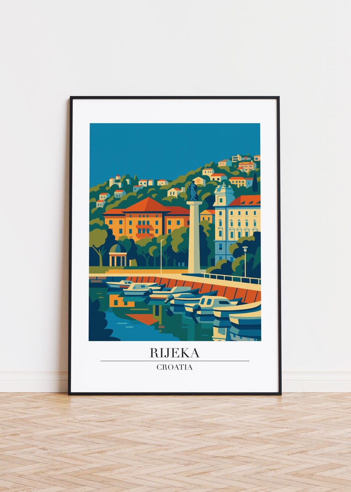 Rijeka Croatia Marina Boats Waterfront Hills Travel Art Poster
