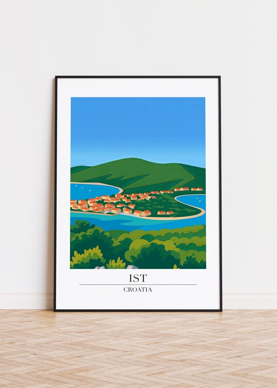 Ist Croatia Coastal Bay Green Hills Illustration Travel Poster
