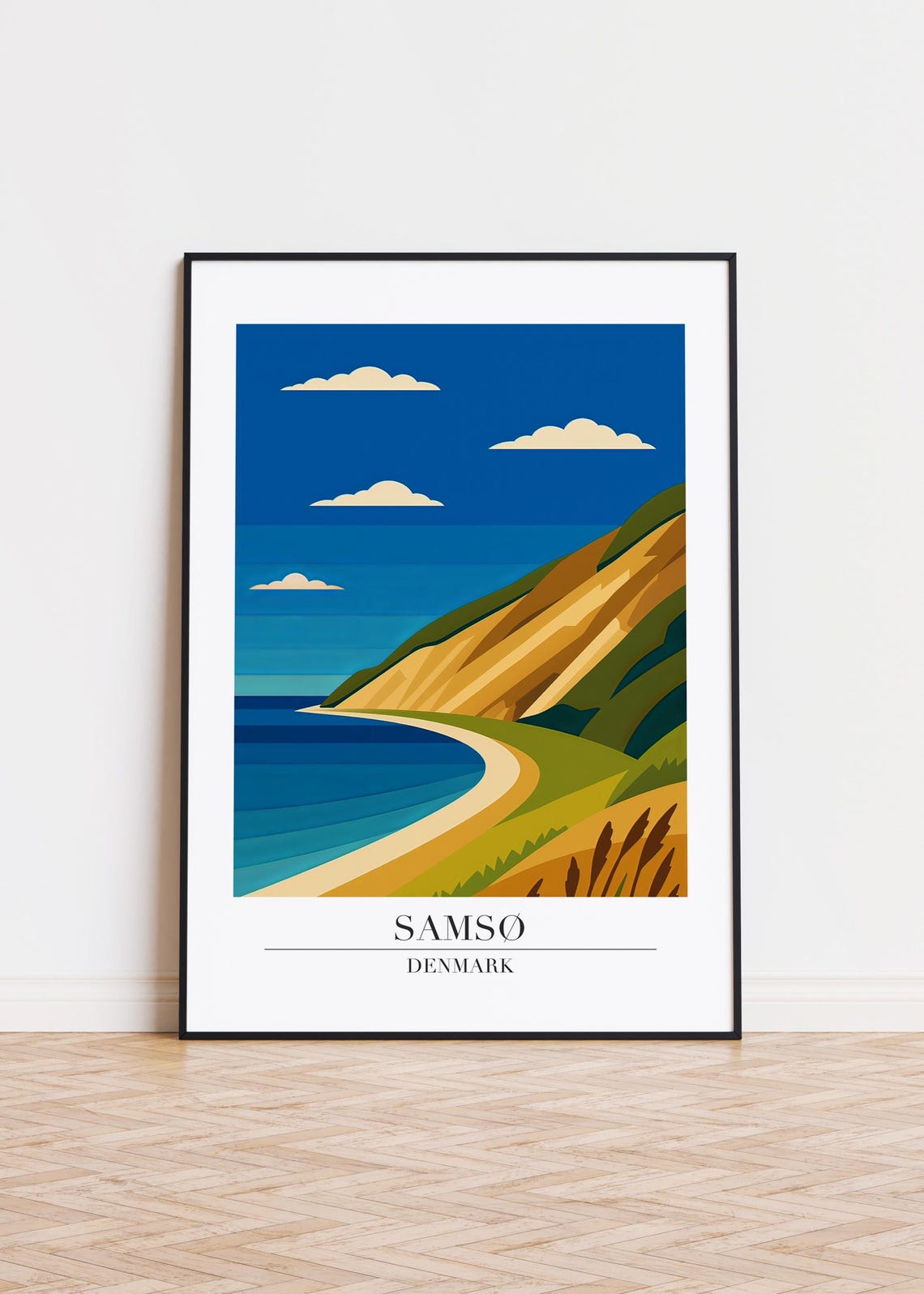Samsø Denmark Curved Beach Golden Cliffs Blue Sea Travel Poster