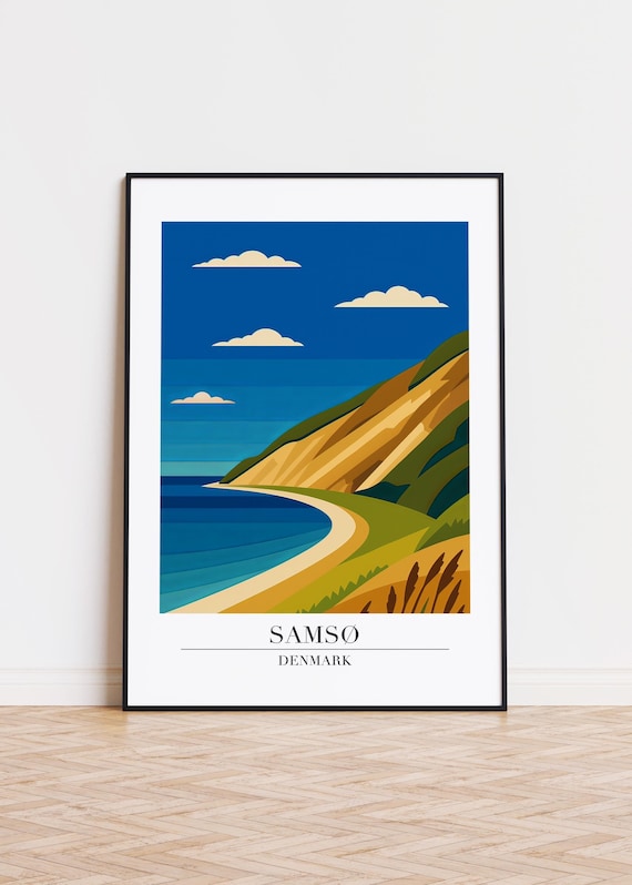Samsø Denmark Curved Beach Golden Cliffs Blue Sea Travel Poster