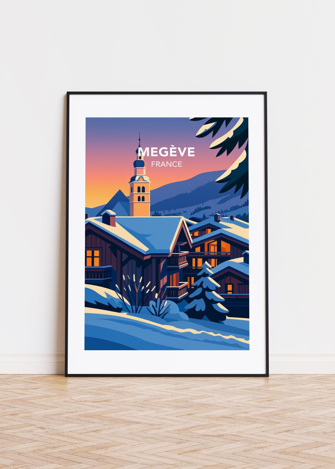 Megève France Snowy Alpine Village Church Tower Sunset Poster