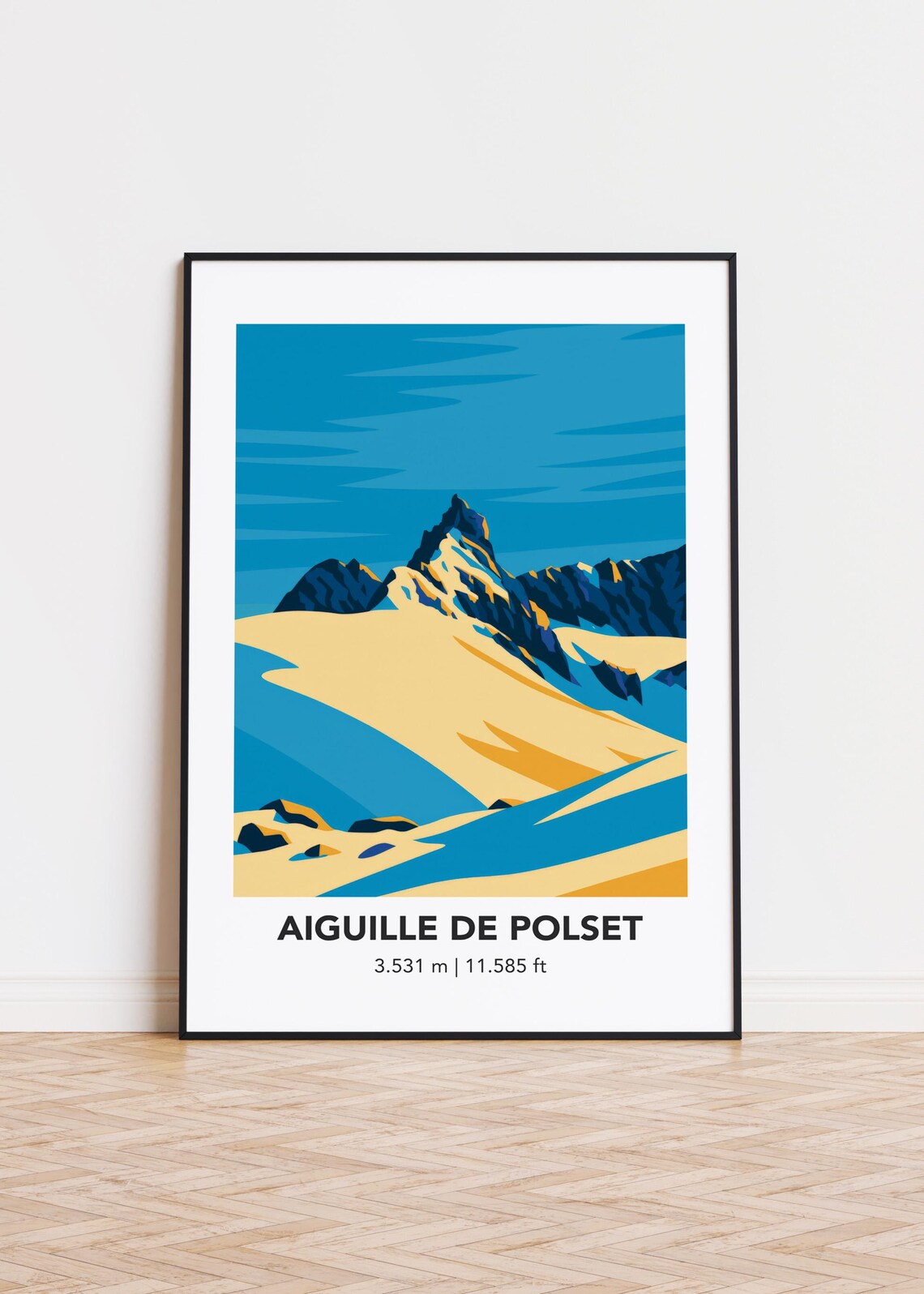Aiguille De Polset Snowy Alpine Ridge Blue Gold Illustration Travel Poster