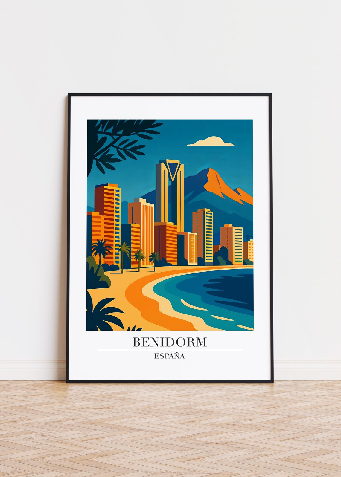 Benidorm Spain Beach Skyline Modern Travel Poster with Palm Coastal Art