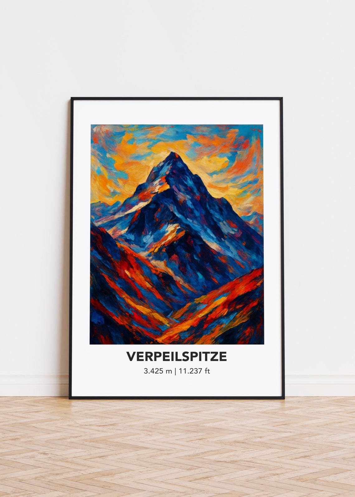 Verpeilspitze Dark Blue Peak Fiery Orange Sky Oil Painting Poster