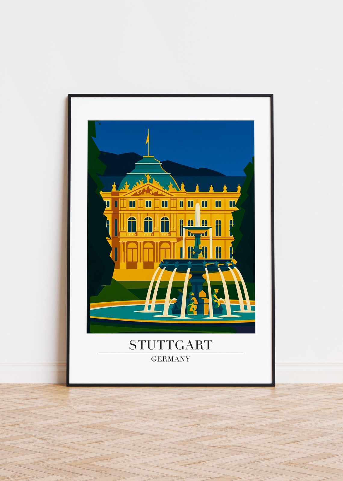 Stuttgart Germany Golden Baroque Palace Fountain Night Minimalist Travel Poster